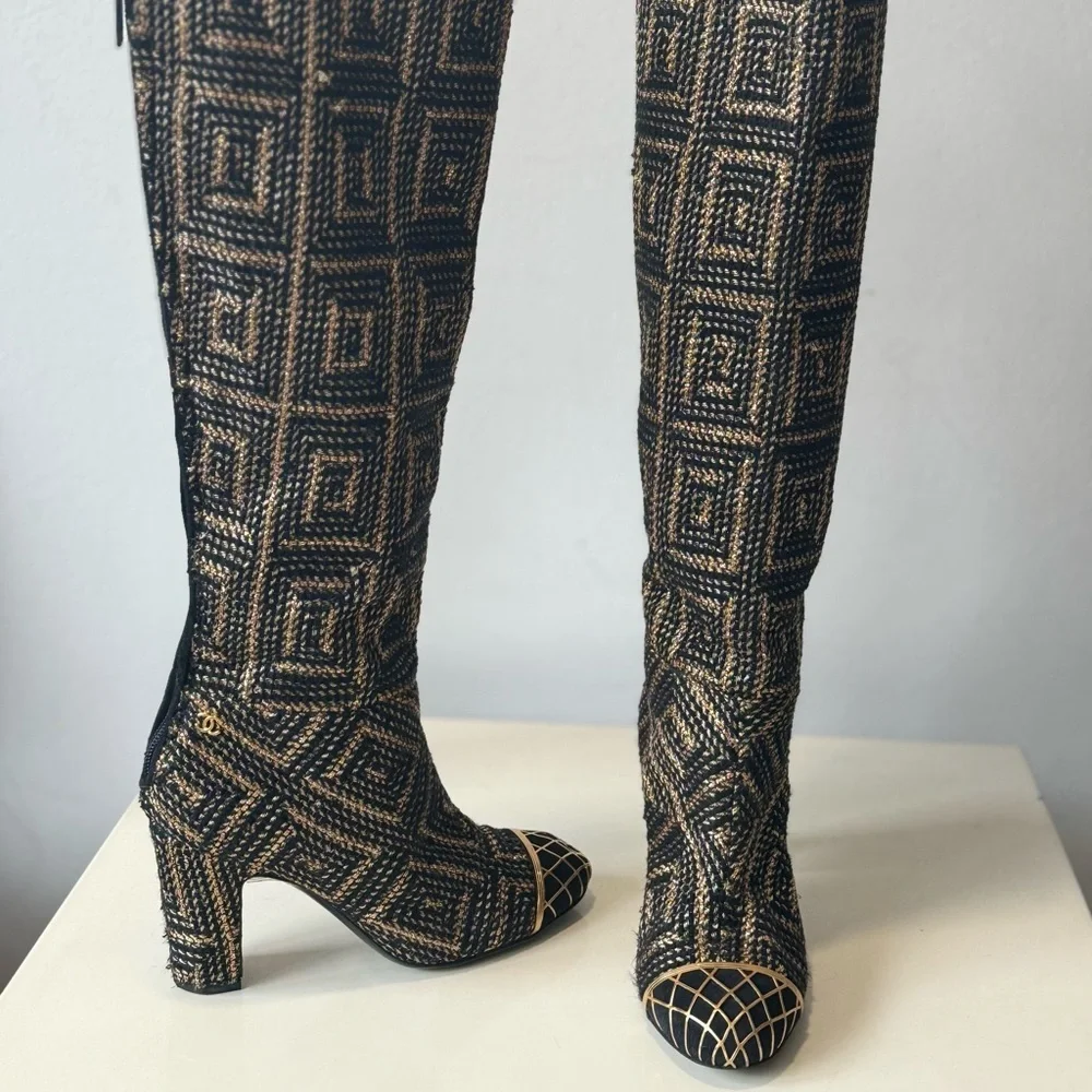 CHANEL Runway Byzantine Tweed Gold Cage High Boots 37 Pre fall 2012